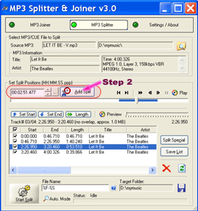 MP3 Splitter - Add Time Points to Split List